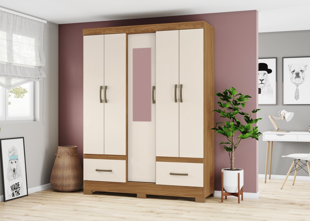 [ARM-B60-127] ARMOIRE 5P/2T/ BOIS-CREME/MIROIR  1455X2000X465 B60-127
