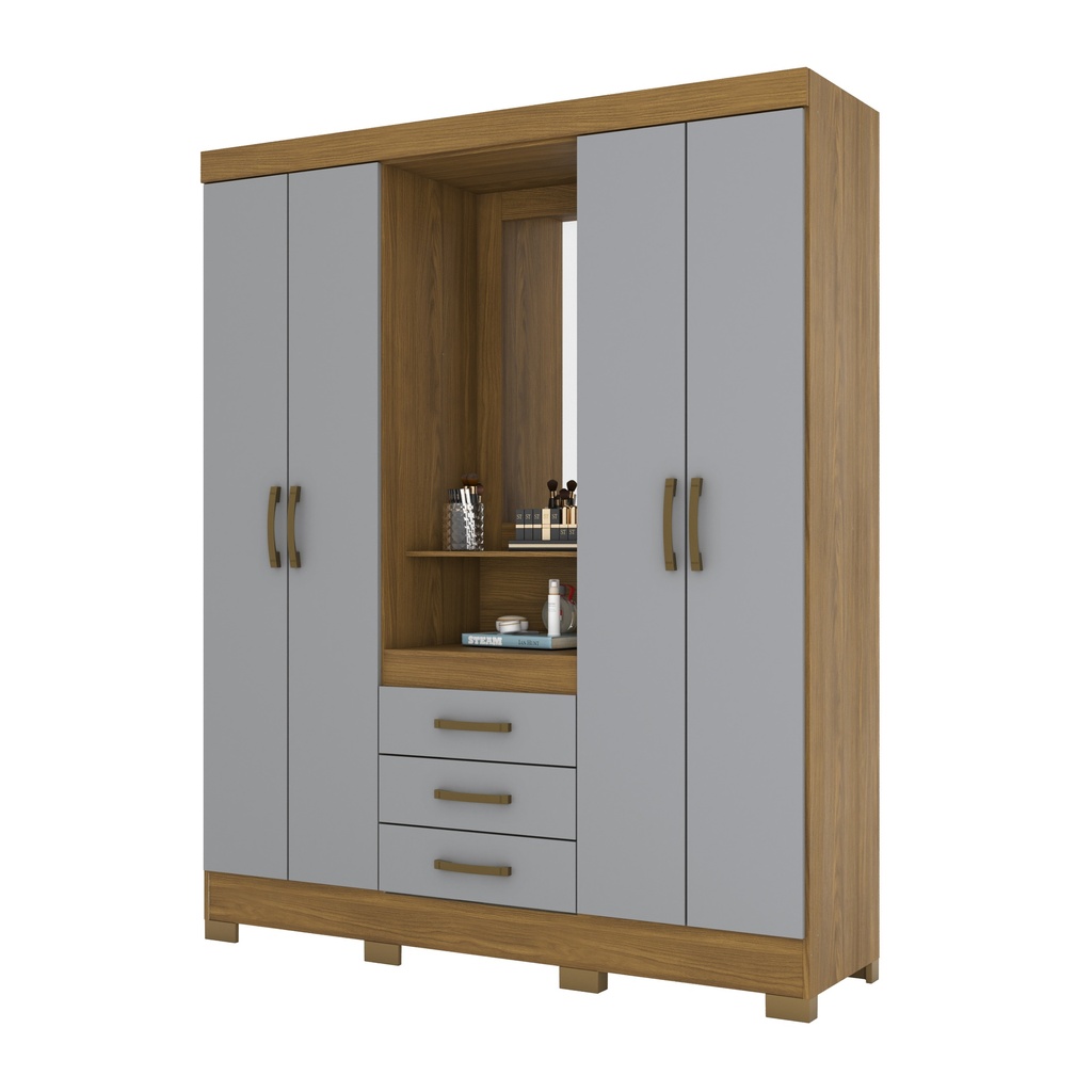 [ARM-B24-166] ARMOIRE 4P/3T/MIROIR GRIS BOIS 1630X2005X465  