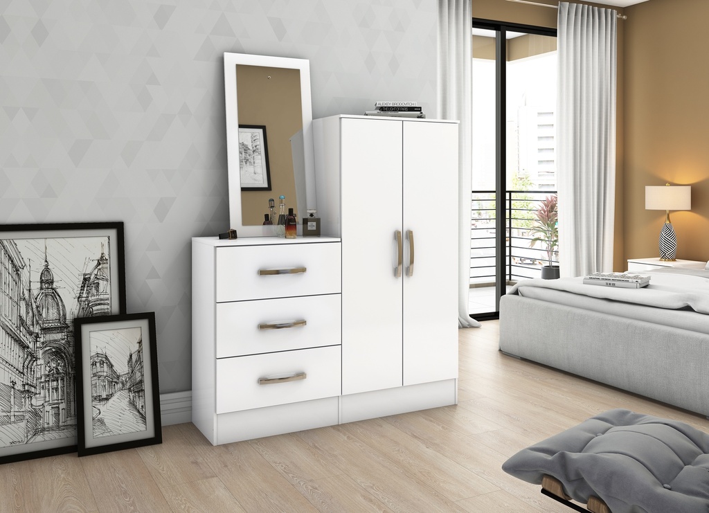 [ARM-B700-10] ARMOIRE COMMODE 2P/3T BLANC MIROIR  1150X1580X340 