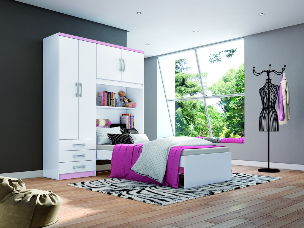 [LIT-D134-10] LIT 1 PLACE AVEC ARMOIRE 4P BLANC ROSE