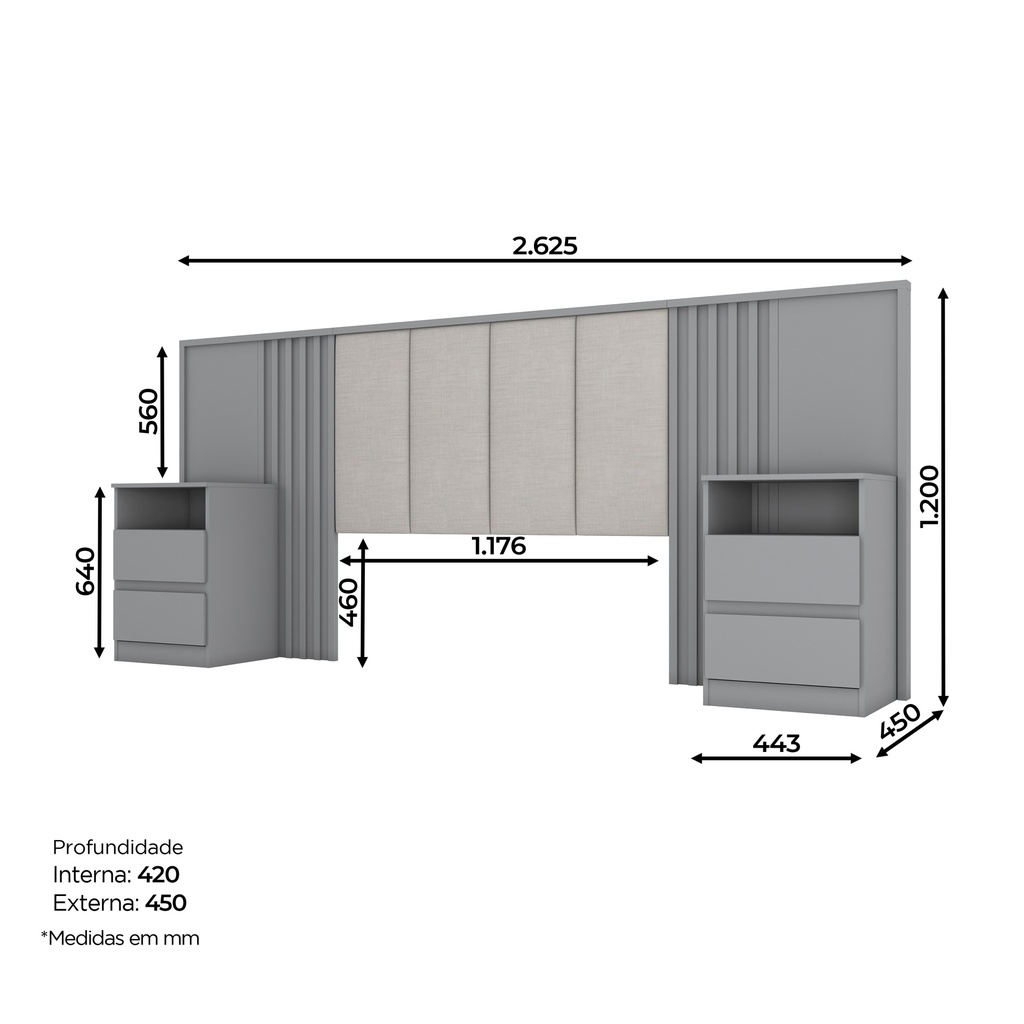 [TETEDELIT-D610-532] TETE DE LIT GRIS AVEC 2 CHEVETS  2625X1200 