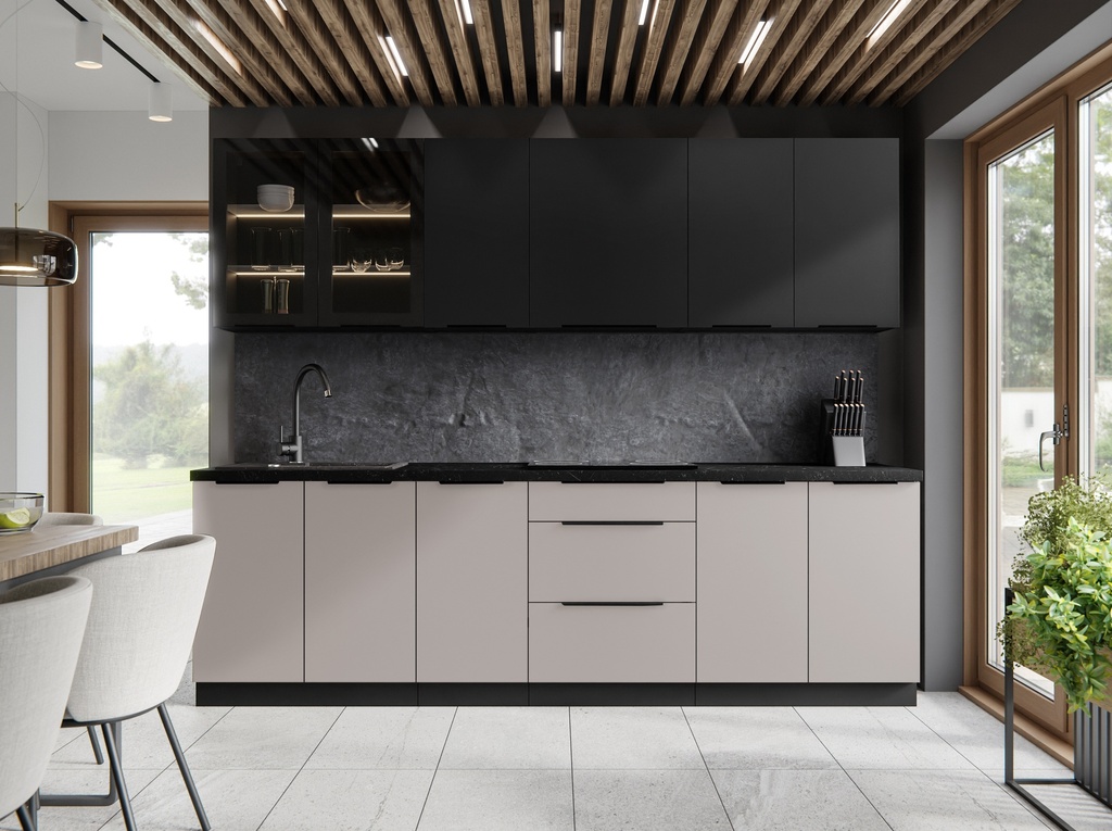 [CUIS-SIENA BEIGENOIR] Cuisine SIENA 260 cm, coloris beige et noir, avec plan de travail effet marbre.